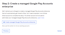 The image shows the Create managed Goole Play Accounts enterprise button.